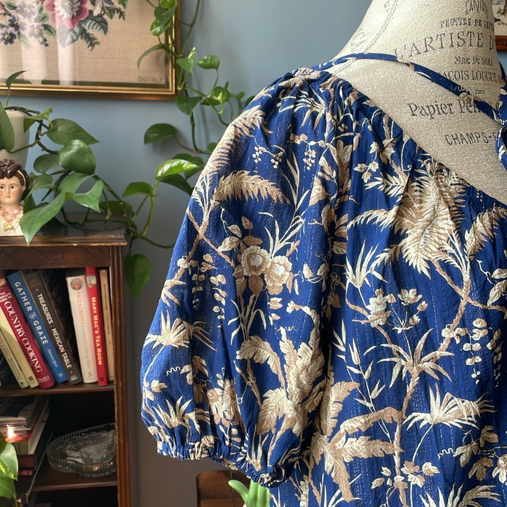La Vie Rebecca Taylor 100% cotton blue and beige floral boho dress. XL - Picture 4 of 12